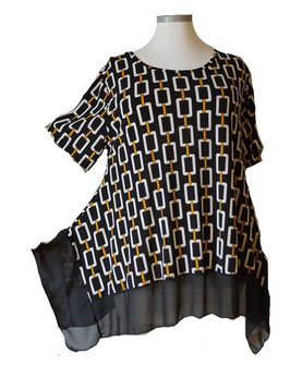 Long Shirt Tunika-Kleid Schwarz-Weiß-Ocker 48-58 (00135)