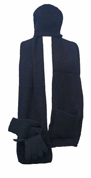 Schal mit Taschen + Mütze und Handschuhe Schwarz (06530)