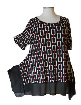 Long Shirt Tunika-Kleid Schwarz-Weiß-Rot 48-58 (00134)
