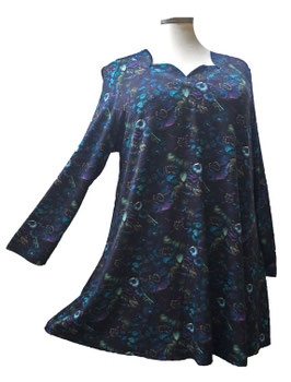Bögenausschnitt Longshirt in Zauber-A-Linie Black VioletBlue Flower (07801)