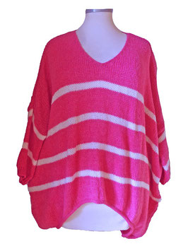 2-Längen Pullover mit V-Ausschnitt Pink-Weiß (08144)