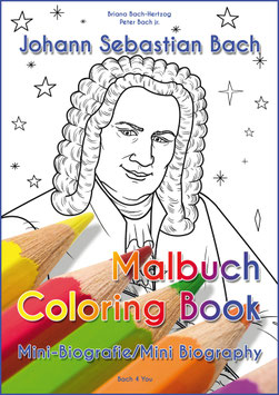 Johann-Sebastian-Bach-Malbuch mit Mini-Kurzbiografie in Deutsch und Englisch