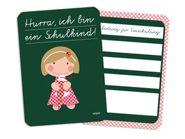 Einladungskarte zum Schulanfang Hurra ich bin ein Schulkind grün Mädchen Bob 2-seitig bedruckt