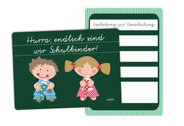 Einladungskarte zum Schulanfang Hurra, wir sind Schulkinder Tafellook Zwillinge Junge & Mädchen 2-seitig bedruckt