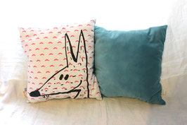 Coussin velours bleu loup et ours