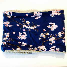 Snood femme réversible beige et bleu marine fleurs de cerisier