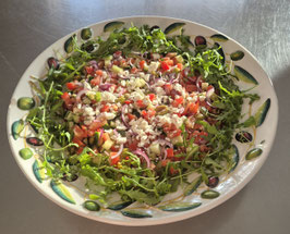 Tomaat/komkommersalade met feta, olijven, rode ui en een heerlijke dressing.