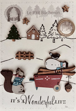 Ecureuil, brouette, ski, bonhomme de neige, sapin, chalet , oiseau, gland, barrière