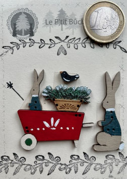 Lapin poussant brouette + lapinou+jardinière + oiseau