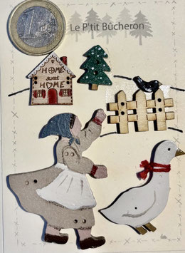 Bergère , oie, maison, barrière, oiseau, sapin