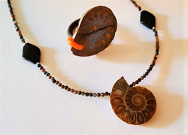 Set Pietersitkette mit schwarzem Obsidian und Ammonitanhänger  Ring mit Ammonite
