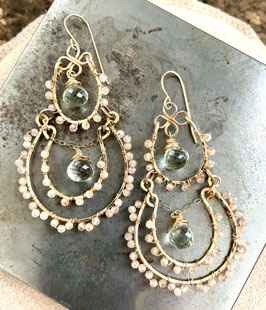 14 GOLD FILLED - GREEN AMETHYST & MOONSTONE GEMSTONE CHANDELIER EARRING - Item 154