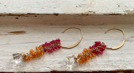 14K GOLD FILLED - PINK JADE & ORANGE CHALCEDONY & CLEAR QUARTZ EARRING - Item 166