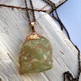 14K GOLD FILLED - NATURAL GREEN MOSS AGATE BRASS PENDANT NECKLACE