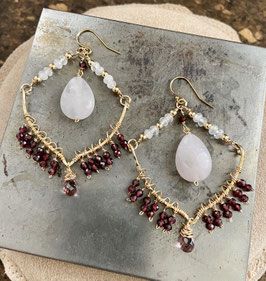 14 GOLD FILLED - ROSE QUARTZ & RHODOLITE & RED GARNET GEMSTONE CHANDELIER EARRING - Item 149