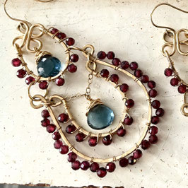 14 GOLD FILLED - LONDON TOPAZ & MOZAMBIQUE GARNET GEMSTONE CHANDELIER EARRING - Item 156