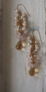 14K GOLD - CITRINE, ROSE QUARTZ & FRESHWATER PEARL DANGLE EARRING - Item 005