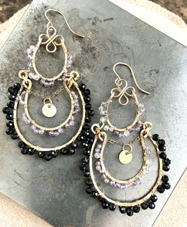 14 GOLD FILLED - BLACK TOURMALINE & AMEHTYST GEMSTONE CHANDELIER EARRING - Item 155