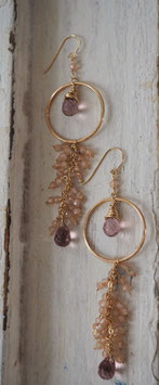 14K GOLD - KARMA, RHODOLITE & NATURAL PEACH MOONSTONE GEMSTONES DROP EARRING - Item 0026