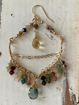 14K GOLD FILLED - TOURMALINE & MOSS AQUAMARINE QUARTZ & CITRINE GEMSTONE CHANDELIER EARRING - Item 110