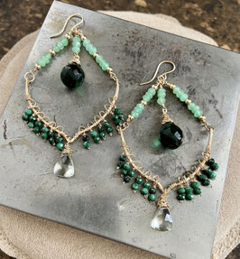 14 GOLD FILLED - MALACHITE & CHRYSOPRASE & AMETHYST & EMARALD GEMSTONE  CHANDELIER EARRING - Item 126