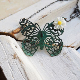 PATINA BRASS FILEGREE BUTTERFLY  & ACRYLIC DAISY FLOWER NECKLACE - Item 057