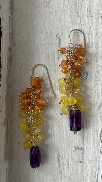 14K GOLD FILLED -  AMETHYST, CARNELIAN & YELLOW JADE EARRING - Item 104