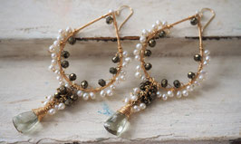 14K GOLD FILLED - GREEN AMETHYST, PYRITE & FRESHWATER PEARLS DANGLE CHANDELIER EARRING - Item 016