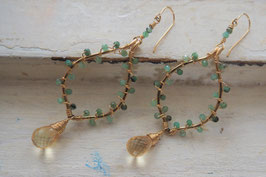 14K GOLD - CITRINE & EMERALD GEMSTONES DANGLE / DROP EARRING - Item 033