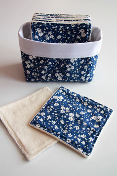 Lingettes réutilisables en coton BIO Fleurs blanches fond bleu