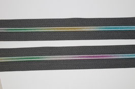 Reißverschluss 5 mm DUNKELGRAU  mit BUNTER Spirale Regenbogen-Schiene - 1 Meter + 2 St. Zipper in dunkelgrau (EUR 2,10/Set) RESTMENGE