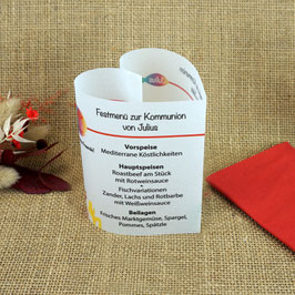 Menükarte/Lichthülle Herzform für die Kommunion/Konfirmation, Design "Ihr seid meine Freunde!"