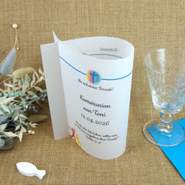 Menükarte/Lichthülle Fischform für die Kommunion/Konfirmation, Design "Ihr seid meine Freunde!"