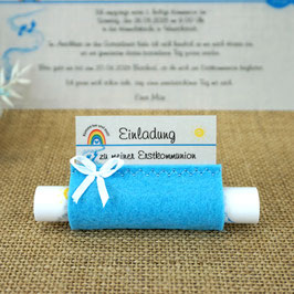 Einladungskarte zur Kommunion/Konfirmation, Design Kommt her und esst!/Regenbogen