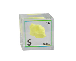 Zolfo cristallo singolo puro 99.99% incastonato in cubo acrilico 25mm
