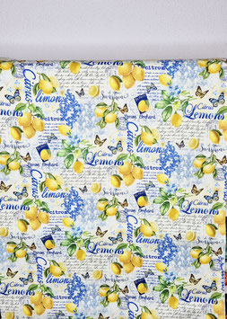 Patchworkstoff Zitrone Lemon Schmetterling Schrift Ornamente