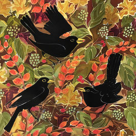 Autumn Blackbirds Giclee Batik Print