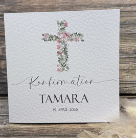 Karte Kommunion, Firmung, Konfirmation Kreuz personalisiert ROSA