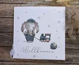 Babykarte Elefant mit Eisenbahn