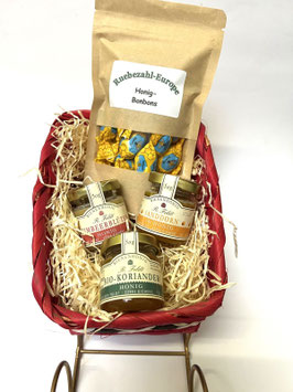 Honig-Geschenkkorb mit 100g Honig Bonbons und 3 verschiedene Honigsorten