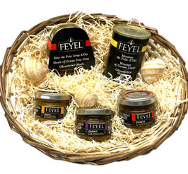 Geschenkkorb mit Bloc Foie Gras 75g, Mousse und 3 Confit's
