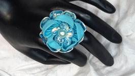 Bague fleur en tissu - turquoise