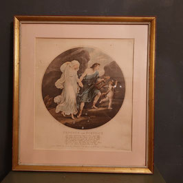 Mooie brocante ingelijste prent van Orpheus en Eurydice, afmetingen 51 x 46 cm