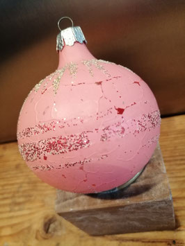 b412 oude kerstbal roze met glitter strepen, 8 cm