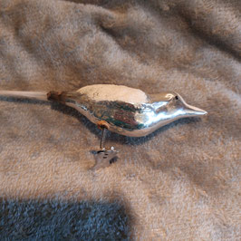 B885 oude kerstbal vogel zilver op knijper met staart 14 cm