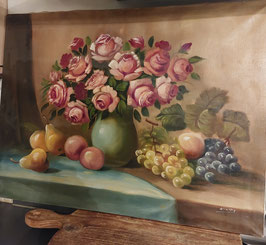 Prachtig brocante stilleven met rozen en fruit, olieverf op doek, gesigneerd, afmetingen 60 x 80 cm