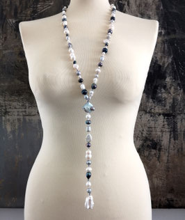 Y-Kette Unique BLUE VELVET - barocke Süßwasserperlen in Blau, Grau und Weiß