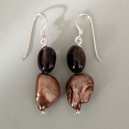 Ohrringe Rauchquarznugget / Barockperle braun / 925er Silber