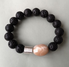 Armband Lava schwarz ca. 12,5 mm / Mondstein / Silberwalze