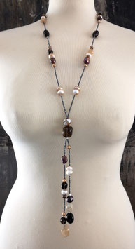 Y-Kette Unique MELANGE - aus Süßwasserperlen, Rauchquarz und Citrin mit Hämatit anthrazit